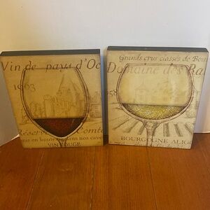 Set of 2 wine glass motif decor w/ cracked resin wall decor 10x8”